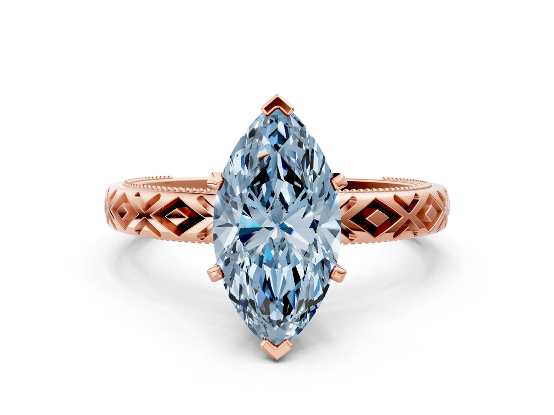 Rose gold Fancy Blue Marquise  Solitaire Diamond Ring with Milgrain and Black Enamel X Pattern Band_120