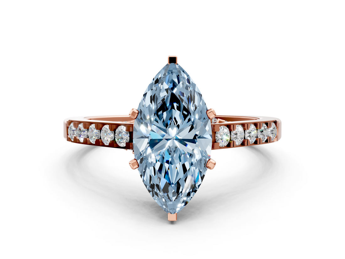 Rose gold Fancy Blue Marquise  Solitaire Diamond Ring with Pavé Band and Four-Prong Setting_113