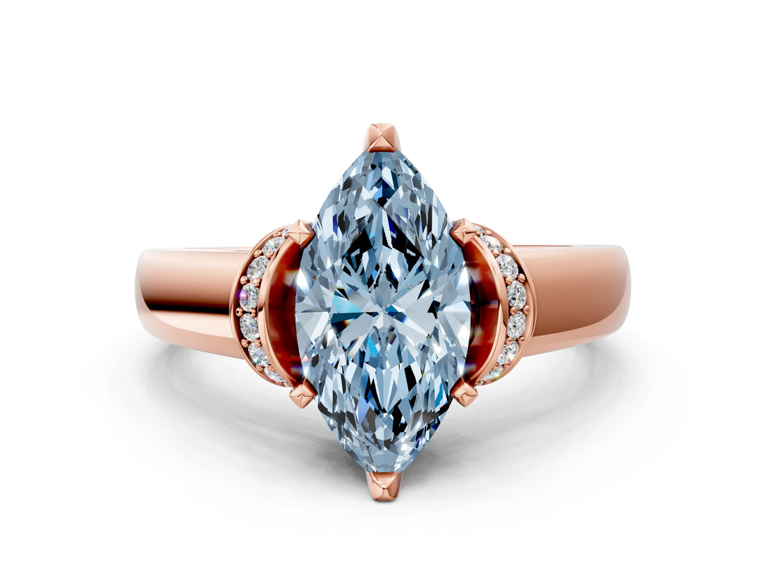 Rose gold Fancy Blue Marquise  Solitaire Diamond Ring with Pave Band and Six-Prong Setting_32