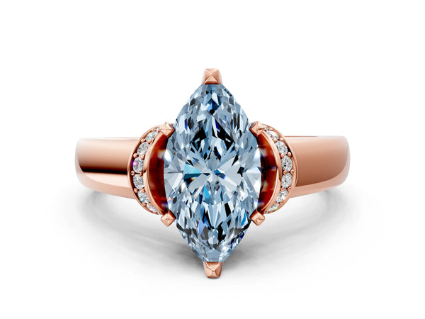 Rose gold Fancy Blue Marquise  Solitaire Diamond Ring with Pave Band and Six-Prong Setting