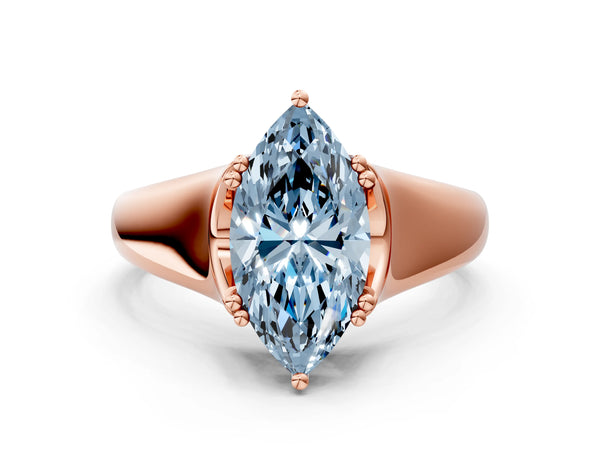 Rose gold Fancy Blue Marquise Cut Diamond Solitaire Ring with Wide Band and Prong Setting