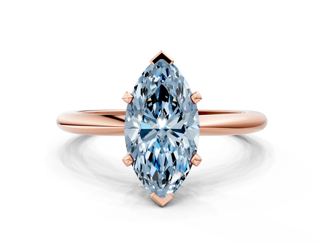 Rose gold Fancy Blue Marquise  Solitaire Diamond Ring with Six-Prong Setting on a Classic Band