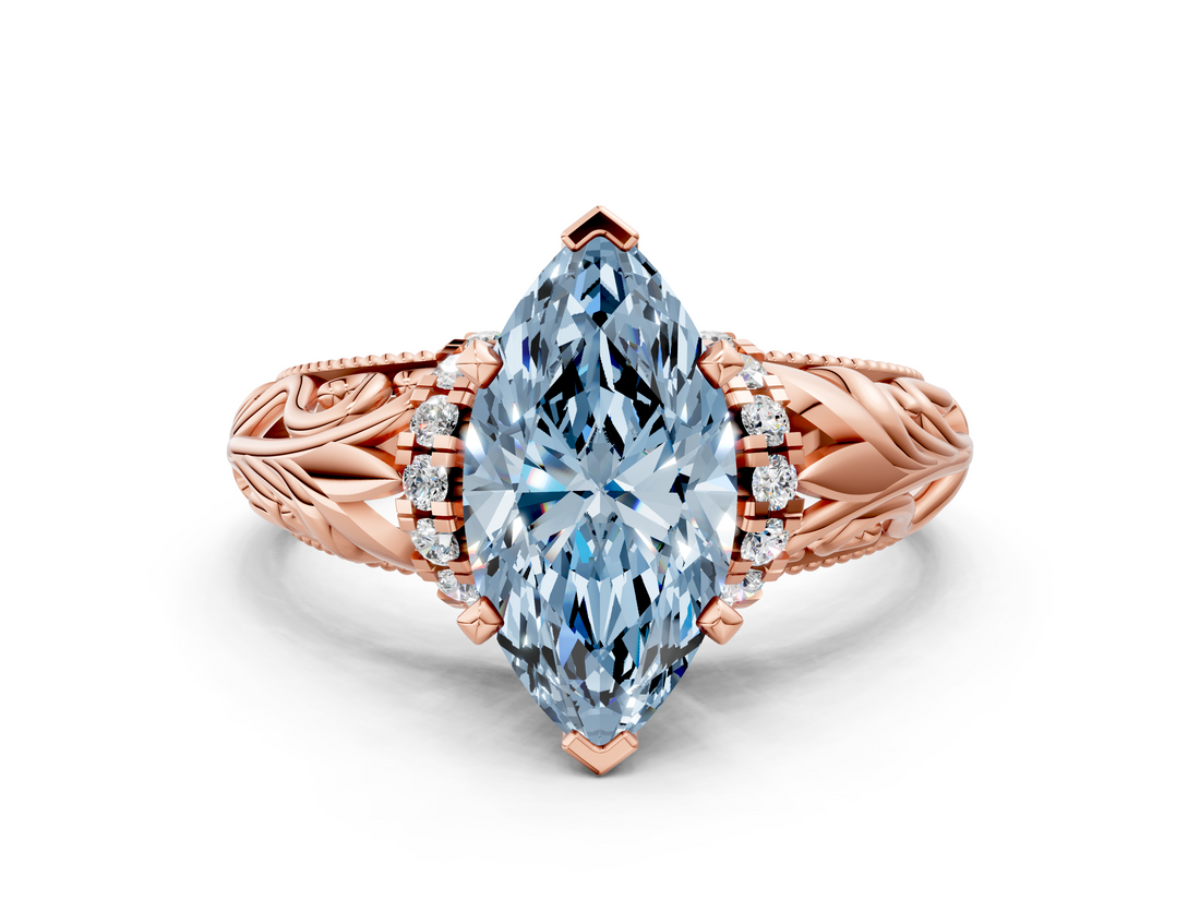 Rose gold Fancy Blue Marquise  Solitaire Filigree Engagement Ring with Halo and Prong Setting_46