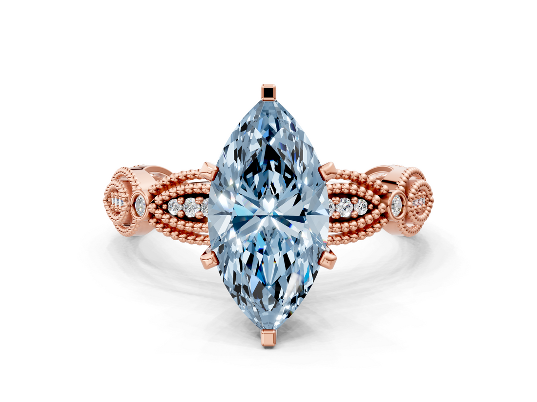Rose gold Fancy Blue Marquise  Solitaire Milgrain Diamond Engagement Ring with Bezel and Marquise Band_142