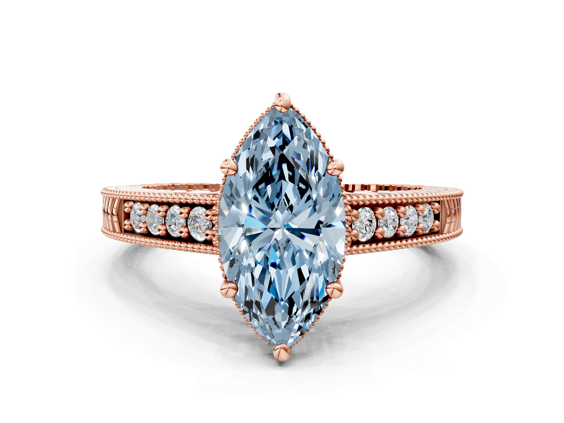 Rose gold Fancy Blue Marquise  Solitaire Pavé Diamond Milgrain Engagement Ring with Four-Prong Setting_3