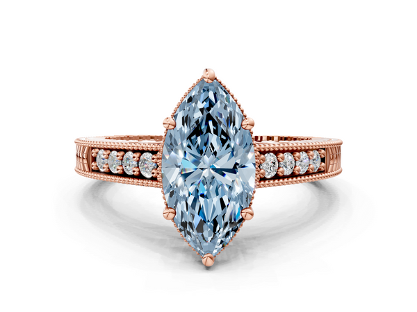 Rose gold Fancy Blue Marquise  Solitaire Pavé Diamond Milgrain Engagement Ring with Four-Prong Setting