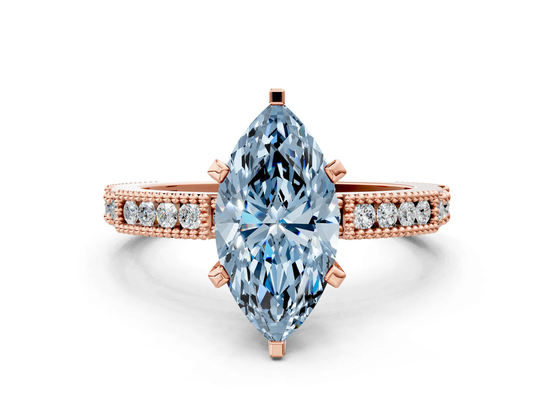 Rose gold Fancy Blue Marquise  Solitaire with Pavé Band and Four-Prong Setting_340