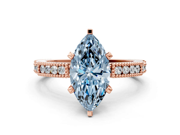 Rose gold Fancy Blue Marquise  Solitaire with Pavé Band and Four-Prong Setting