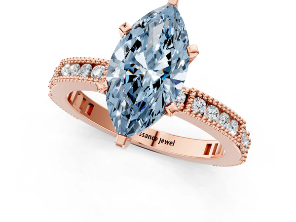 Rose gold Fancy Blue Marquise  Solitaire with Pavé Band and Four-Prong Setting
