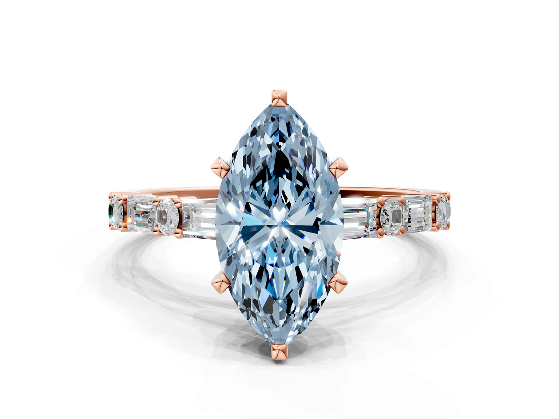 Rose gold Fancy Blue Marquise  Solitaire with Side Baguettes and Channel Set Band_42