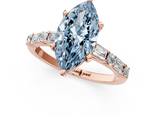 Rose gold Fancy Blue Marquise Cut Diamond Solitaire with Side Baguettes and Channel Set Band