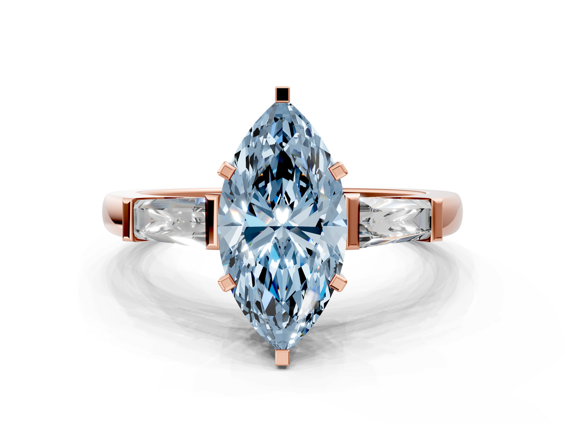 Rose gold Fancy Blue Marquise  Solitaire with Tapered Baguette Side Stones on a Classic Band with Four-Prong Setting_106