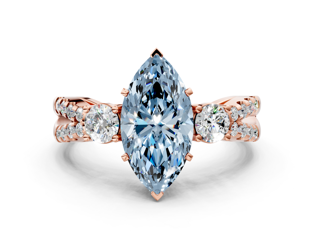 Rose gold Fancy Blue Marquise  Three-Stone Diamond Ring with Pavé Split Shank and Four-Prong Setting_80