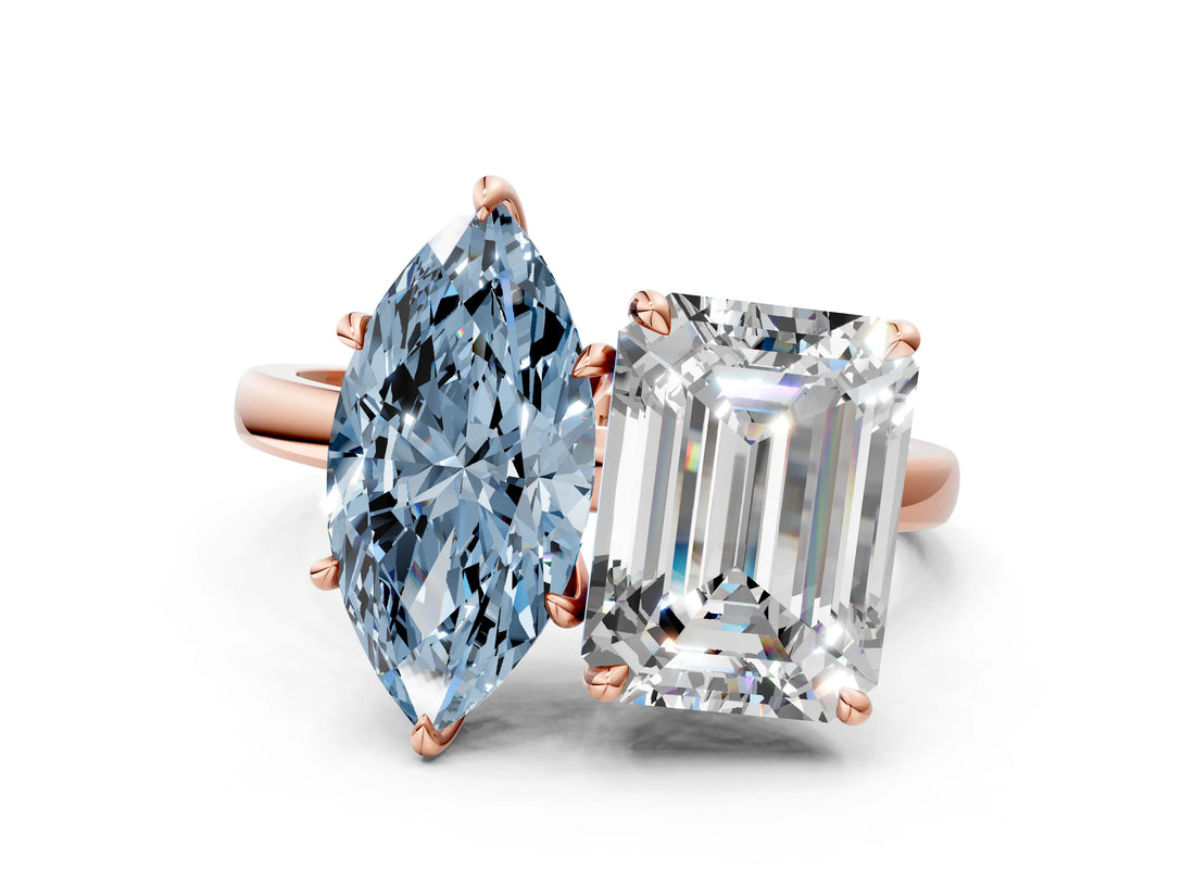 Rose gold Fancy Blue Marquise  and Emerald Cut Toi Moi Ring with Prong Setting_45