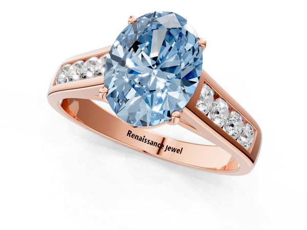 Rose gold Fancy Blue Oval  Brilliant Channel-Set Solitaire Ring with Four-Prong Setting
