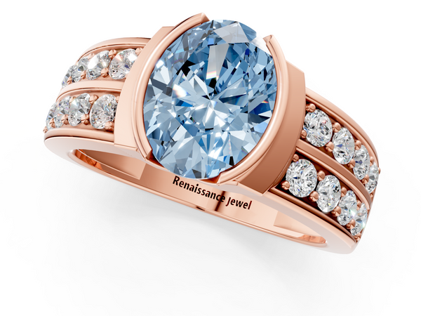 Rose gold Fancy Blue Oval  Brilliant Diamond Channel Set Wide Band Ring with Bezel Setting