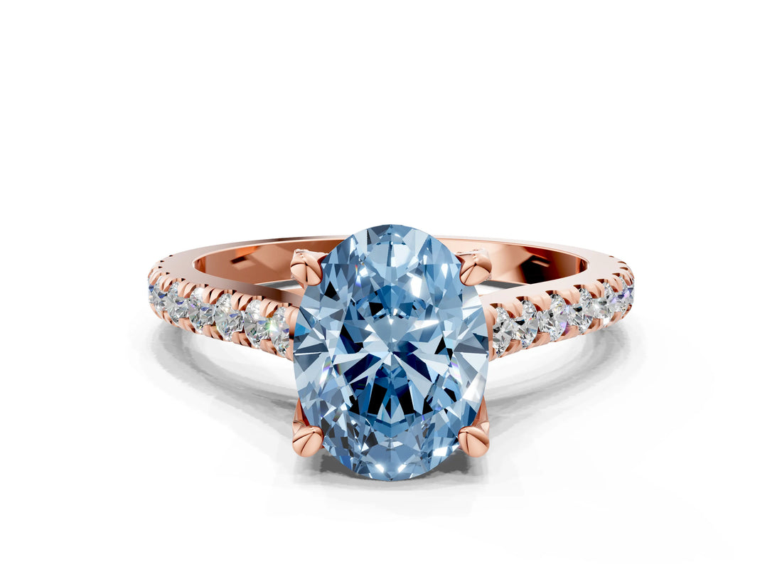Rose gold Fancy Blue Oval  Brilliant Diamond Solitaire with Pavé Band and Four-Prong Setting 1