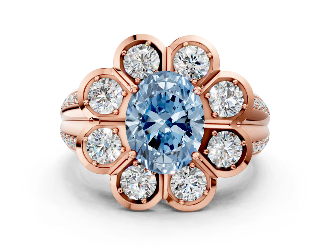 Rose gold Fancy Blue Oval  Brilliant Flower Halo Diamond Split Shank Ring_81