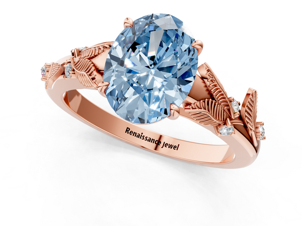 Rose gold Fancy Blue Oval Cut Diamond Solitaire Ring with Leaf Motif Band and Four-Prong Setting