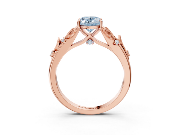 Rose gold Fancy Blue Oval Cut Diamond Solitaire Ring with Leaf Motif Band and Four-Prong Setting