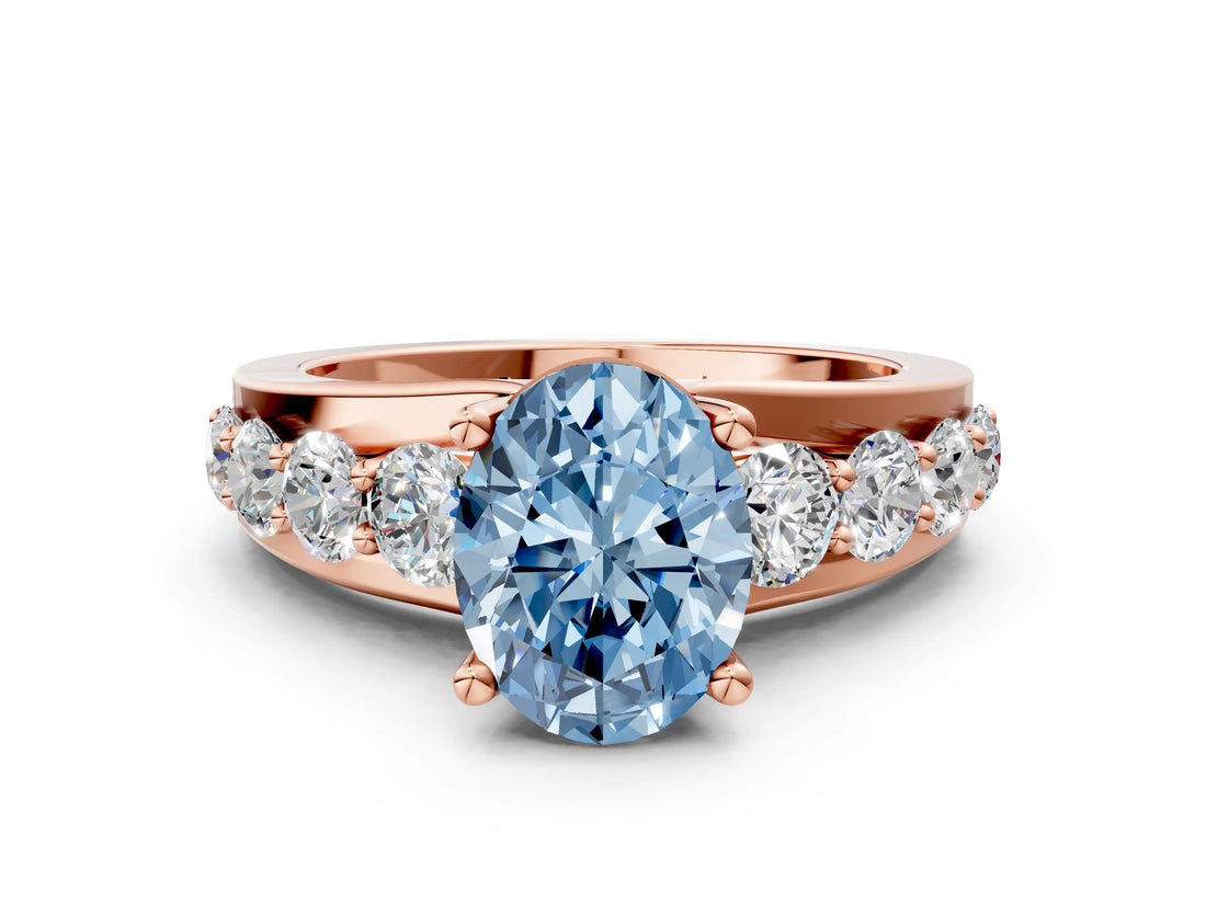 Rose gold Fancy Blue Oval  Brilliant Solitaire with Side Stones on a Pave Band and Four-Prong Setting_24