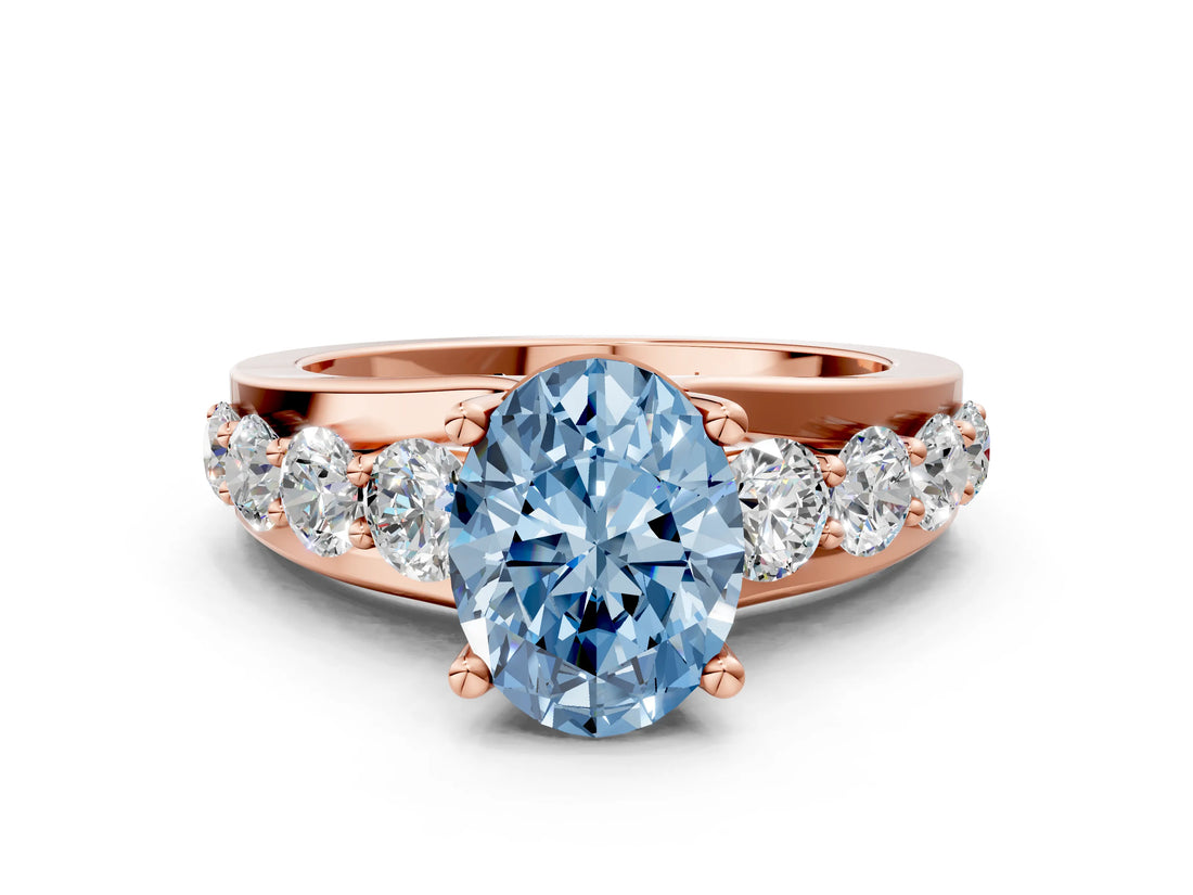 Rose gold Fancy Blue Oval  Brilliant Solitaire with Side Stones on a Pave Band and Four-Prong Setting_37