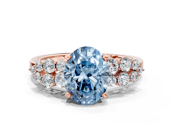 Rose gold Fancy Blue Oval  Cluster Diamond Engagement Ring with Pavé Band and Four-Prong Setting