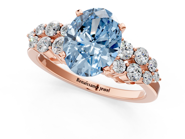 Rose gold Fancy Blue Oval  Cluster Diamond Engagement Ring with Pavé Band and Four-Prong Setting