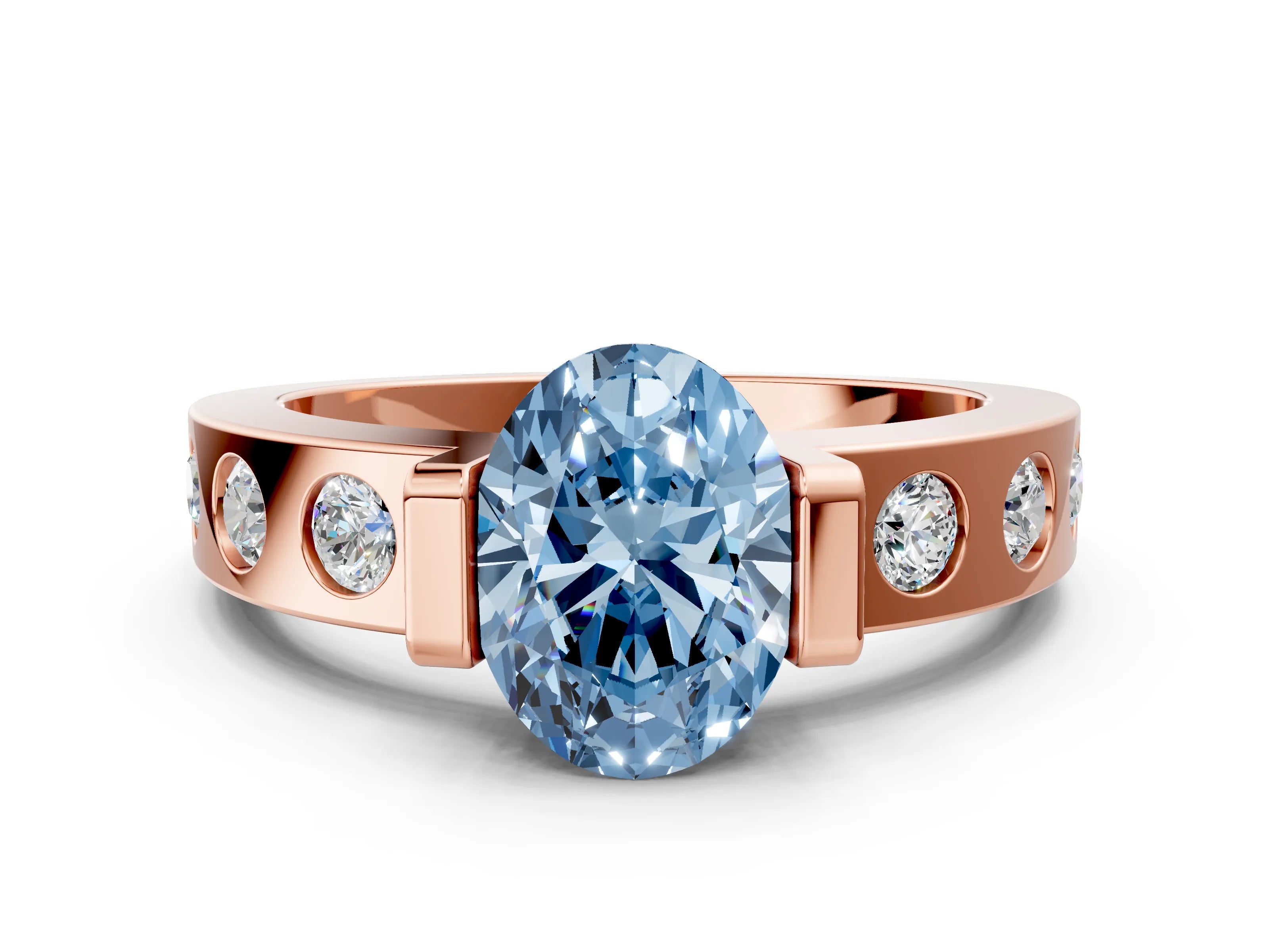 Rose gold Fancy Blue Oval Cut Brilliant Channel-Set Diamond Ring with Bezel Prong Setting