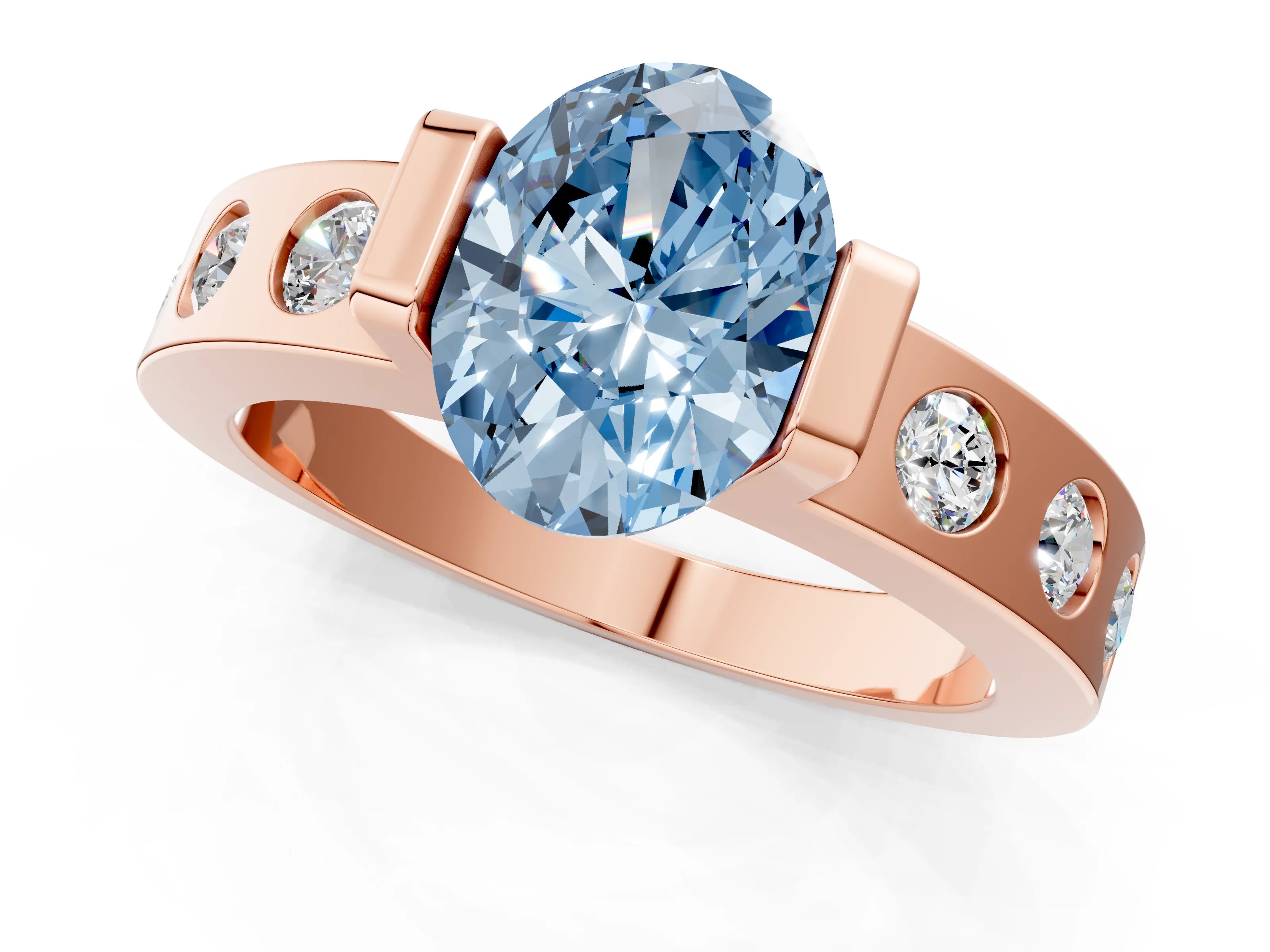 Rose gold Fancy Blue Oval Cut Brilliant Channel-Set Diamond Ring with Bezel Prong Setting_1