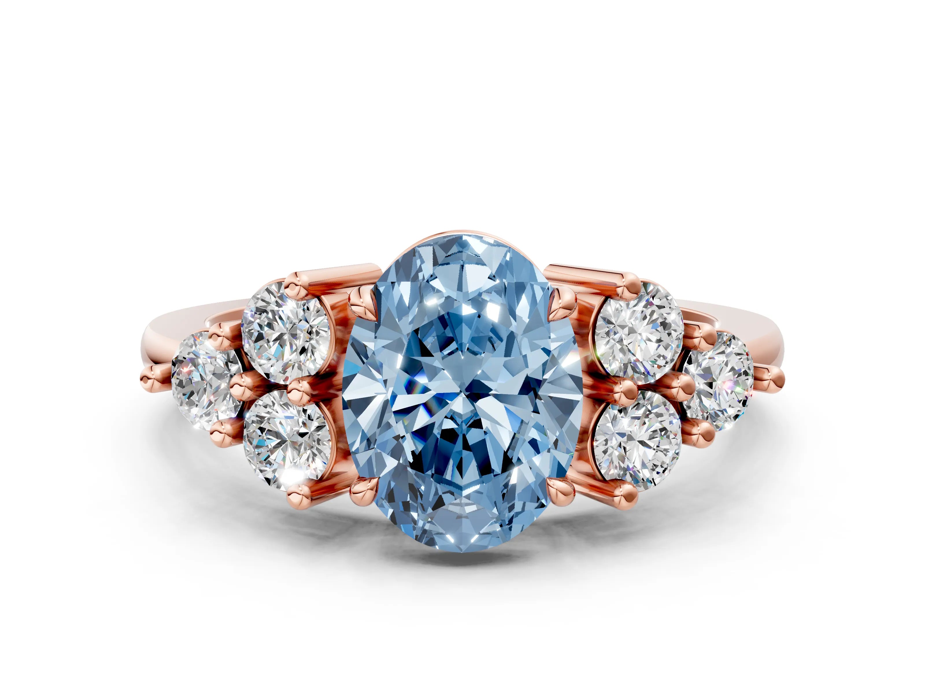 Rose gold Fancy Blue Oval Cut Brilliant Diamond Cluster Accent Solitaire Ring with Prong Setting