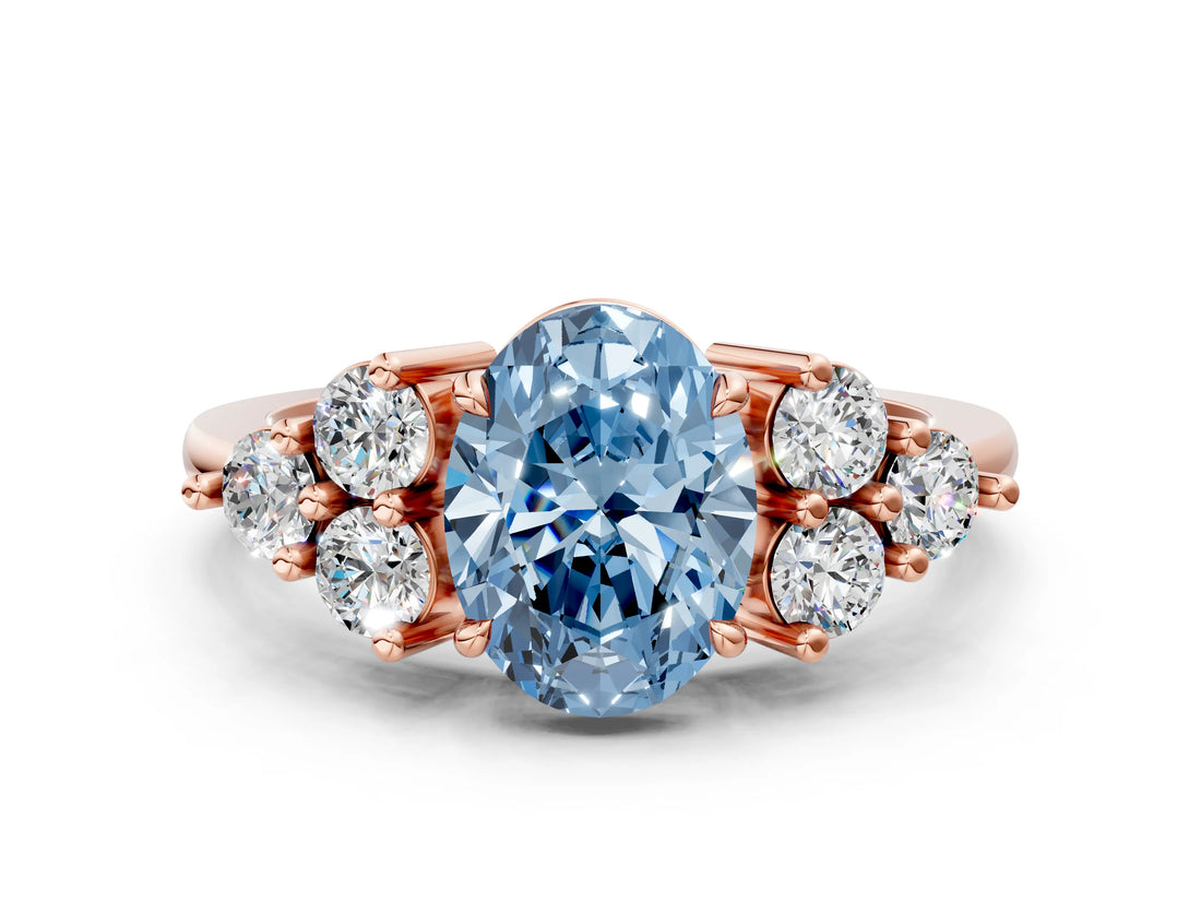 Rose gold Fancy Blue Oval Cut Brilliant Diamond Cluster Accent Solitaire Ring with Prong Setting