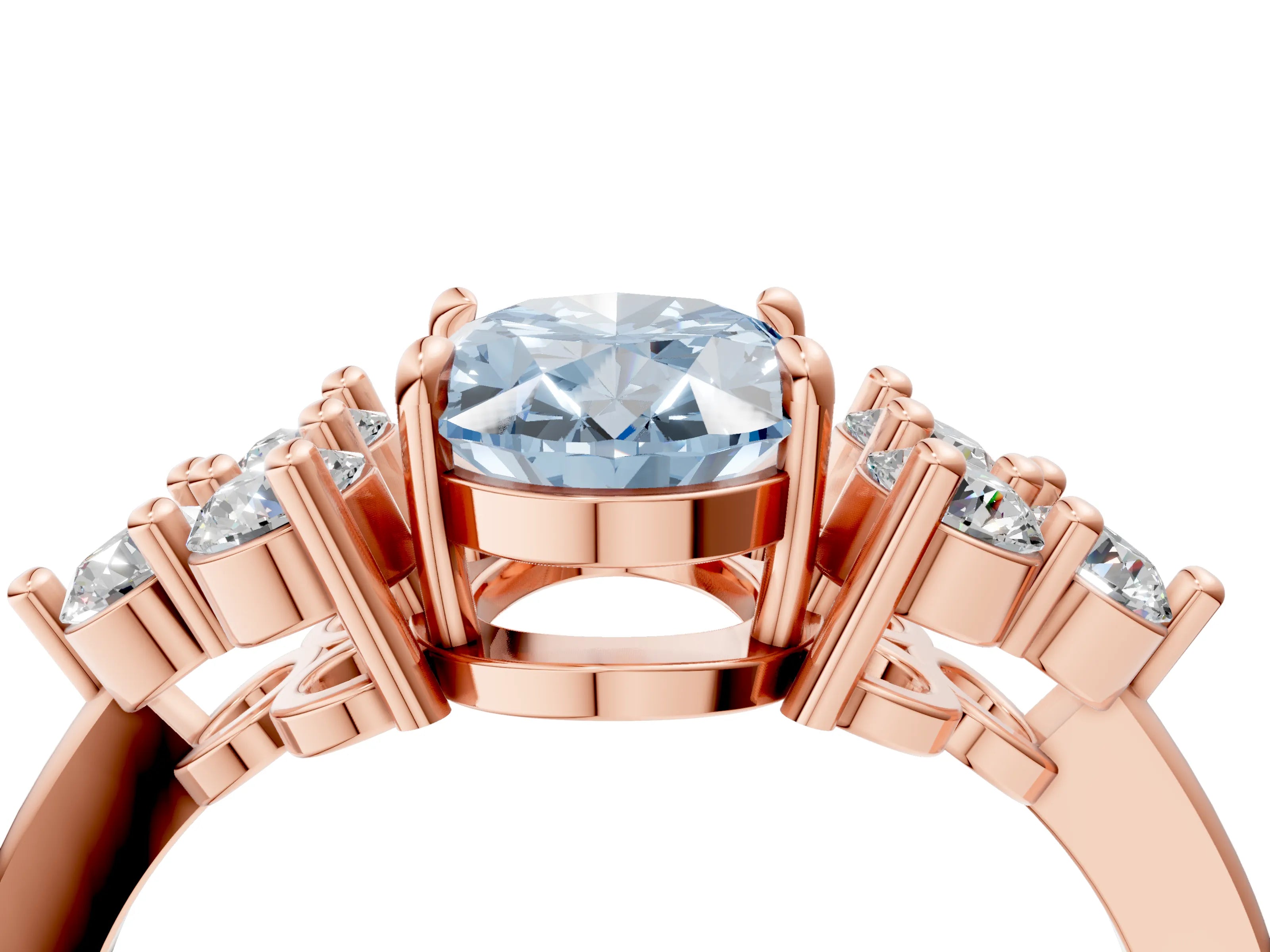 Rose gold Fancy Blue Oval Cut Brilliant Diamond Cluster Accent Solitaire Ring with Prong Setting_4