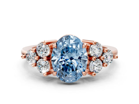 Rose gold Fancy Blue Oval Cut Brilliant Diamond Cluster Accent Solitaire Ring with Prong Setting