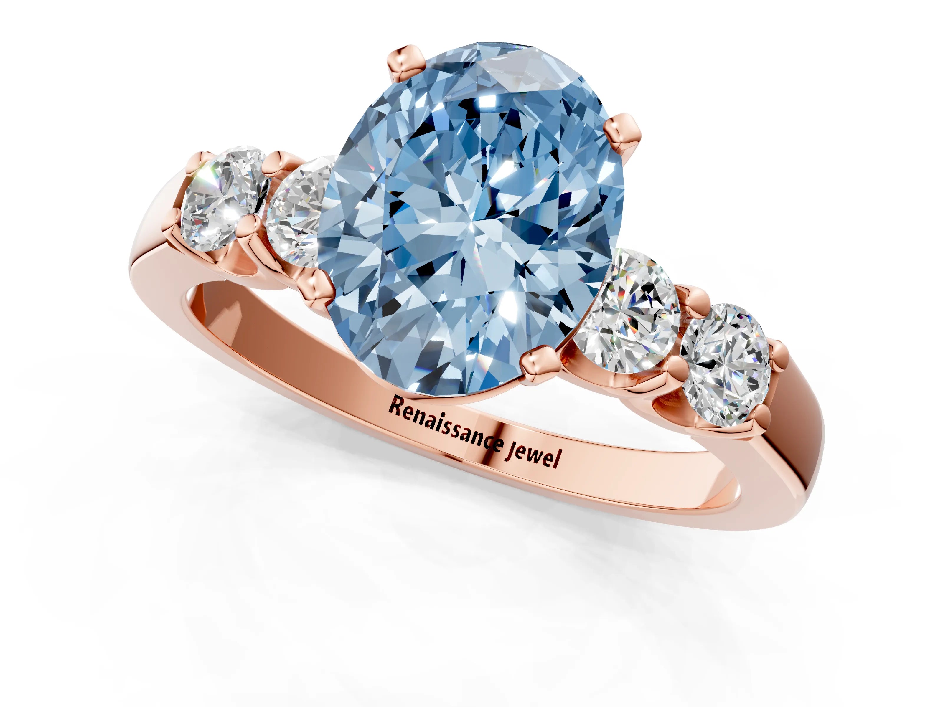 Rose gold Fancy Blue Oval Cut Brilliant Diamond Five-Stone Engagement Ring with Prong Setting on a Classic Band_4