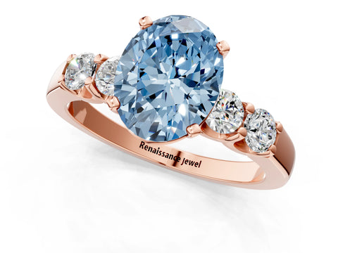 Rose gold Fancy Blue Oval Cut Brilliant Diamond Five-Stone Engagement Ring with Prong Setting on a Classic Band_4
