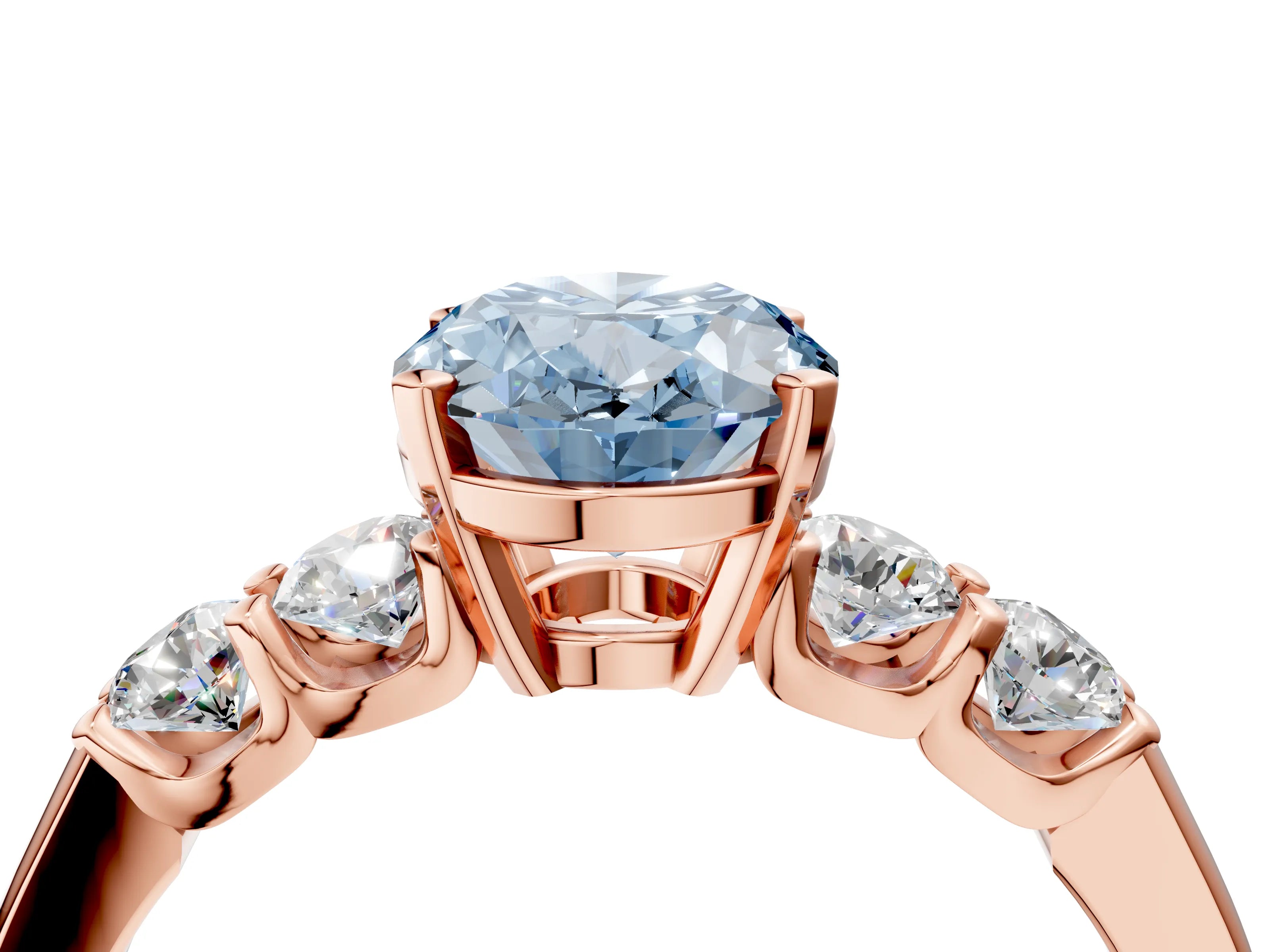 Rose gold Fancy Blue Oval Cut Brilliant Diamond Five-Stone Engagement Ring with Prong Setting on a Classic Band_7