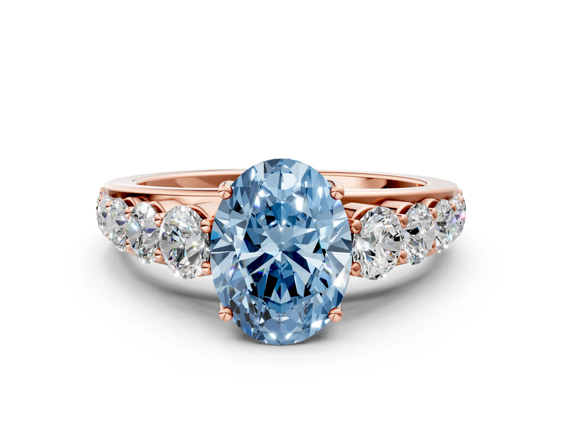 Rose gold Fancy Blue Oval Cut Brilliant Diamond Pavé Band with Six-Prong Setting