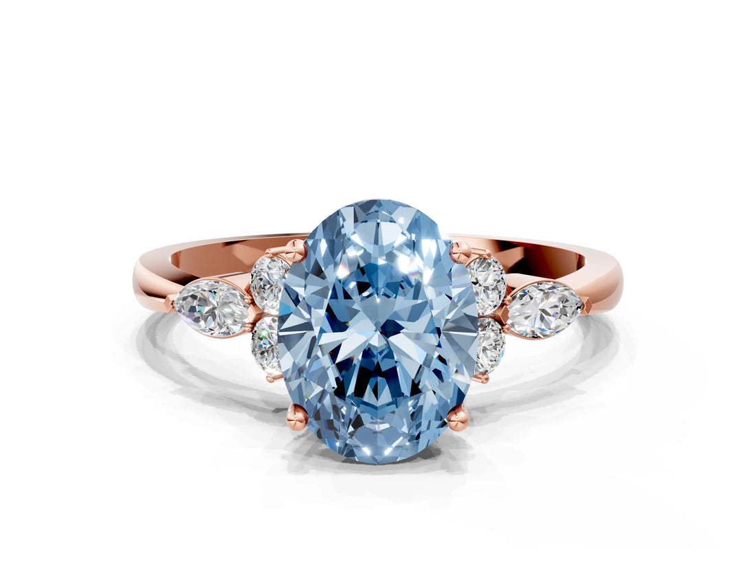 Rose gold Fancy Blue Oval Cut Brilliant Diamond Solitaire Ring with Pear Side Stones and Four-Prong Setting_3
