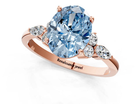 Rose gold Fancy Blue Oval Cut Brilliant Diamond Solitaire Ring with Pear Side Stones and Four-Prong Setting_4