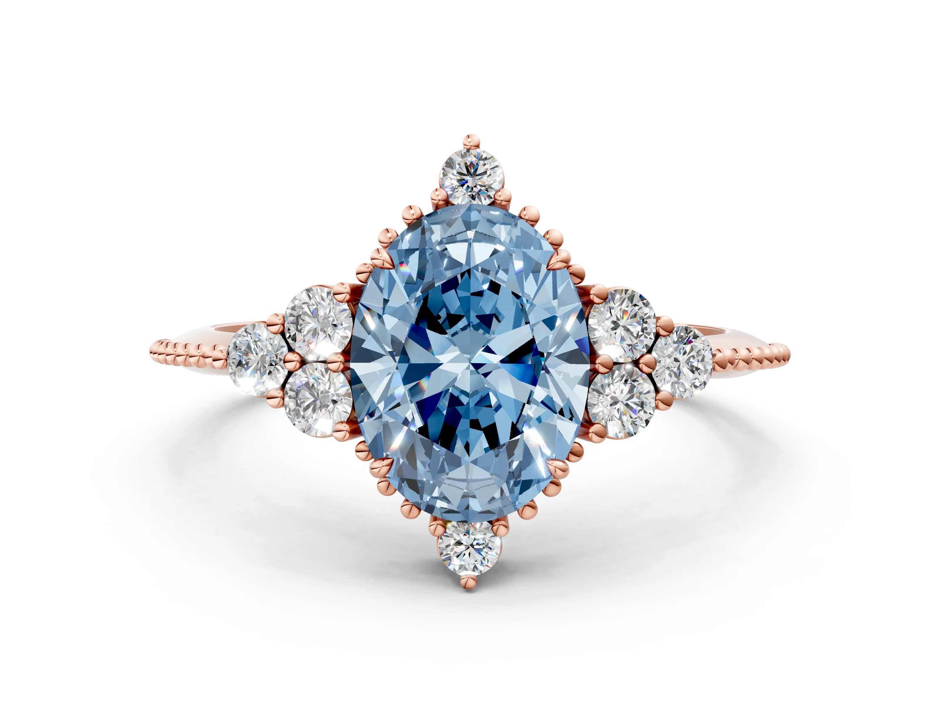 Rose gold Fancy Blue Oval Cut Brilliant Diamond with Cluster Setting on a Beaded Band and Four-Prong Setting