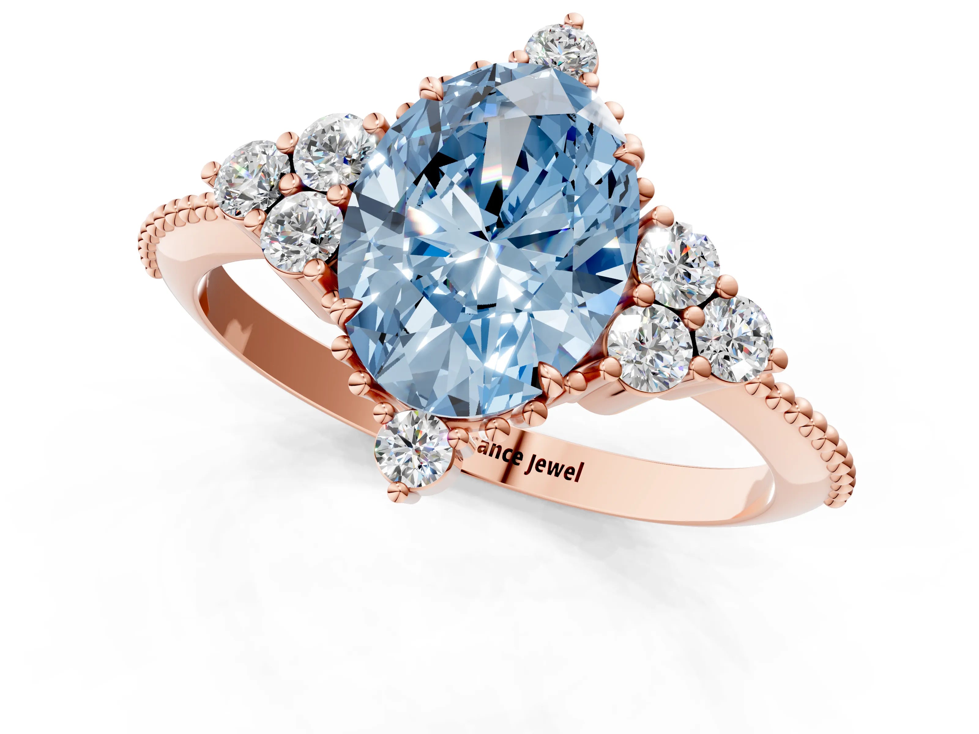 Rose gold Fancy Blue Oval Cut Brilliant Diamond with Cluster Setting on a Beaded Band and Four-Prong Setting_1