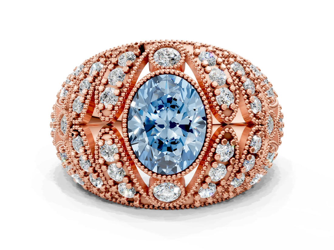 Rose gold Fancy Blue Oval Cut Brilliant Halo Pave Diamond Milgrain Ring