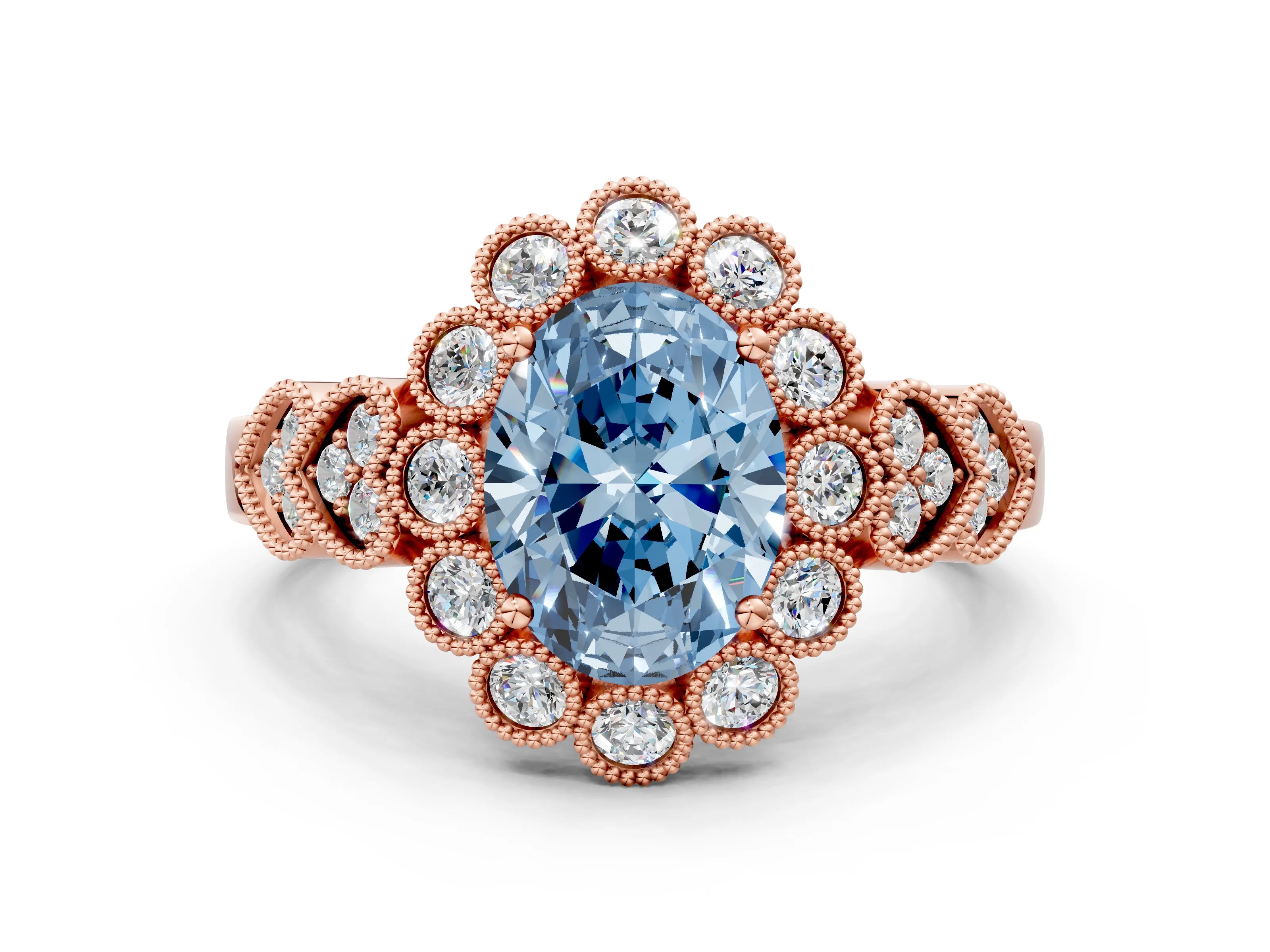 Rose gold Fancy Blue Oval Cut Brilliant Milgrain Pave Heart Band Solitaire Ring