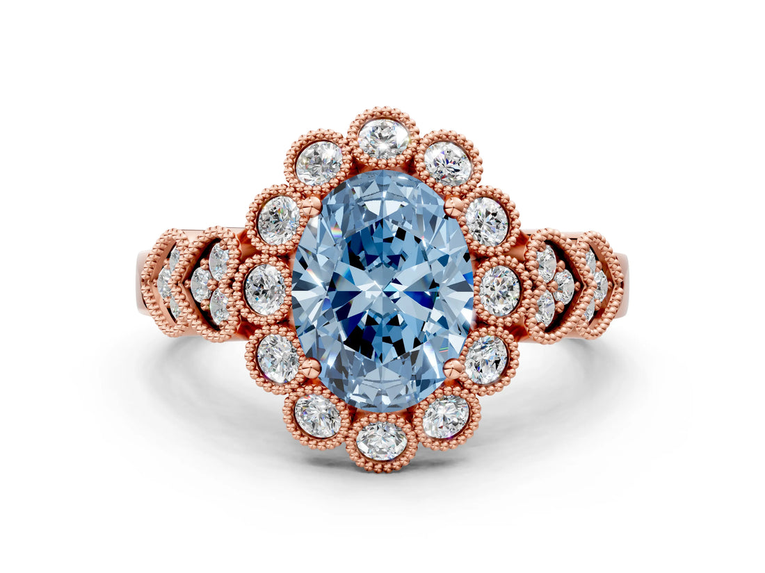 Rose gold Fancy Blue Oval Cut Brilliant Milgrain Pave Heart Band Solitaire Ring
