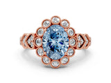Rose gold Fancy Blue Oval Cut Brilliant Milgrain Pave Heart Band Solitaire Ring