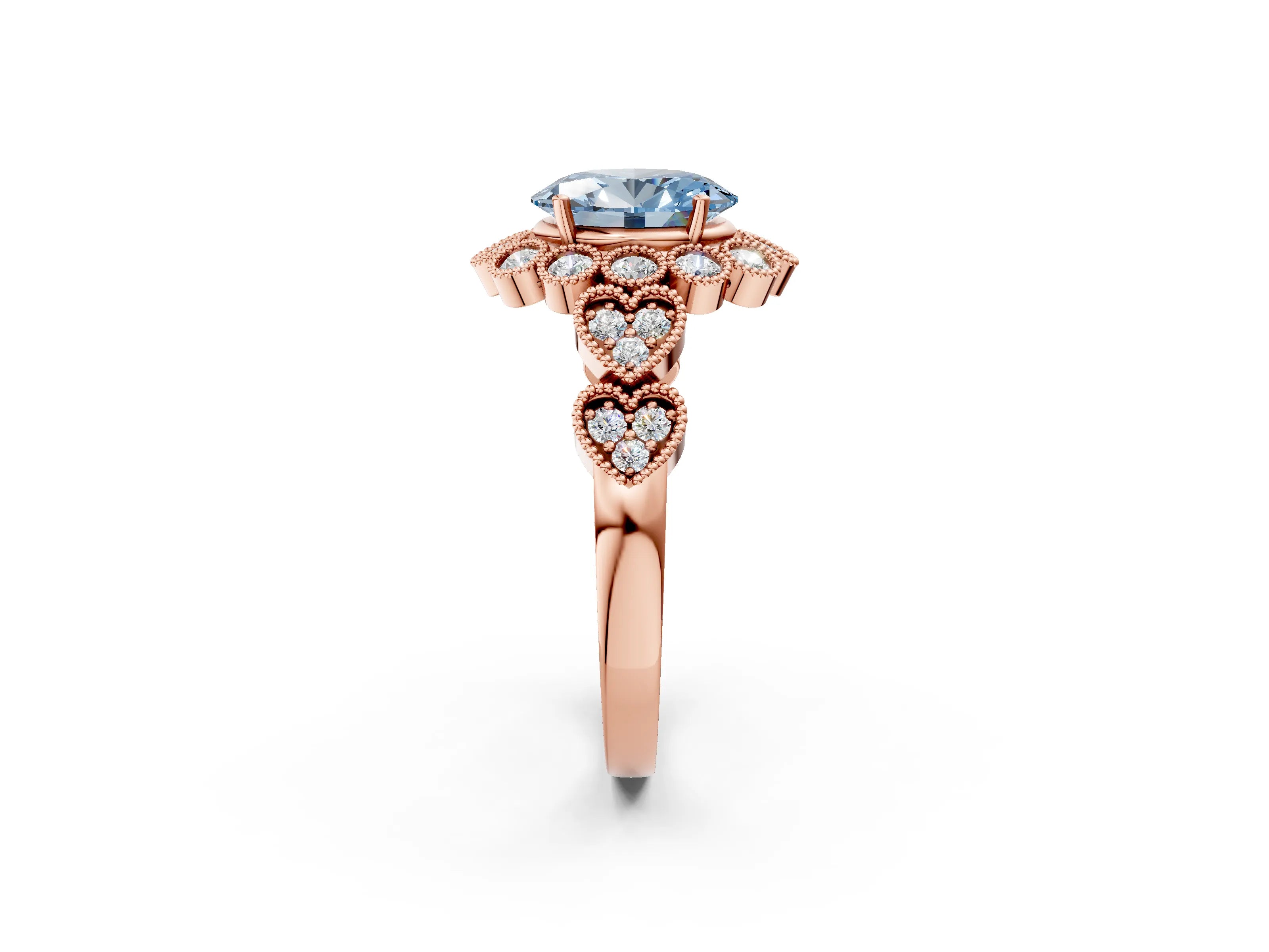 Rose gold Fancy Blue Oval Cut Brilliant Milgrain Pave Heart Band Solitaire Ring_2