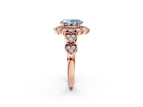 Rose gold Fancy Blue Oval Cut Brilliant Milgrain Pave Heart Band Solitaire Ring_2