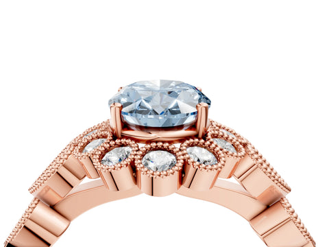 Rose gold Fancy Blue Oval Cut Brilliant Milgrain Pave Heart Band Solitaire Ring_4