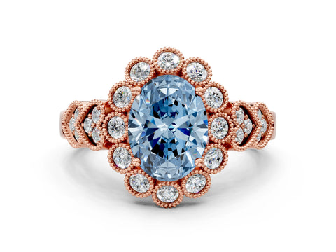 Rose gold Fancy Blue Oval Cut Brilliant Milgrain Pave Heart Band Solitaire Ring